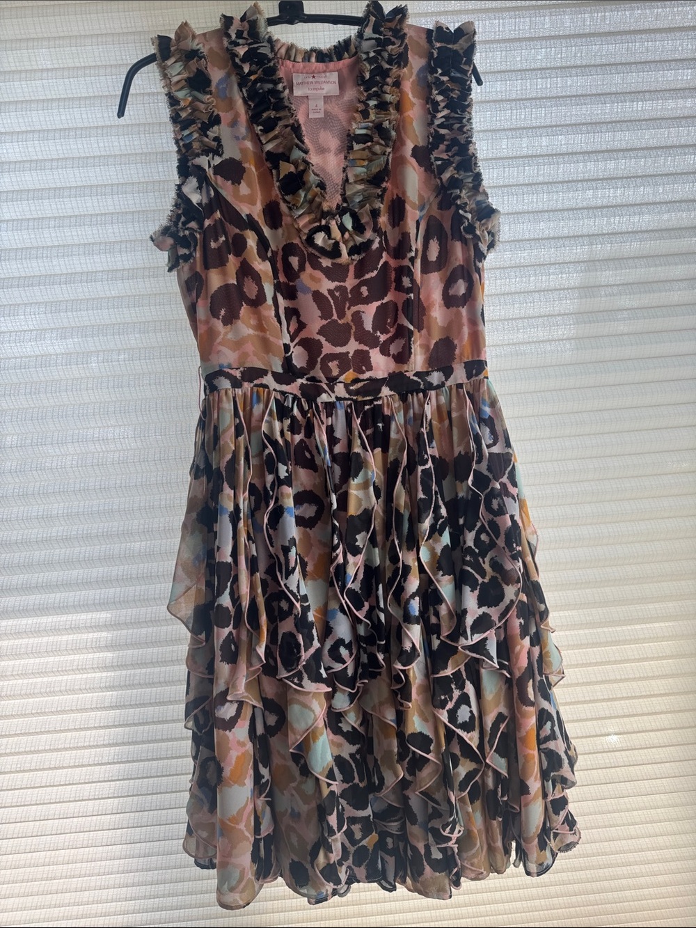 Ruffled Leopard-Print Midi Dress in Beige Multi
